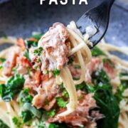 Mackerel pasta with a text title overlay.