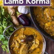 Creamy lamb korma with a text title overlay.
