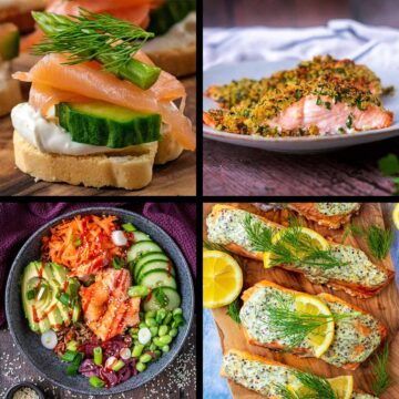A collage of four salmon recipes.