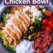Greek chicken bowl with a text title overlay.