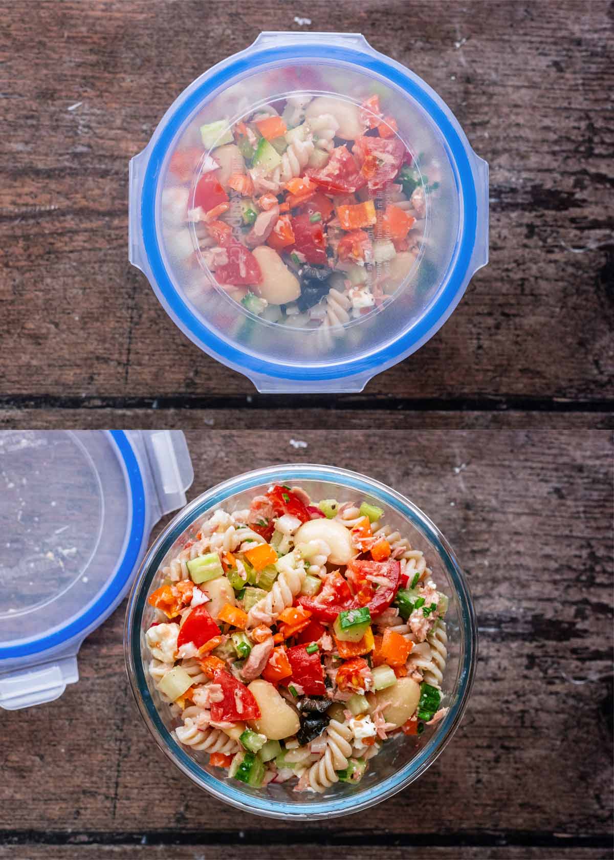 Two shot collage of a pasta salad in a container with the lid on then lid off.