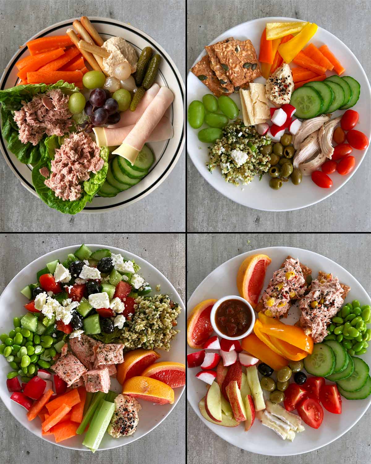 A collage of four picky plates, each with various ingredients.