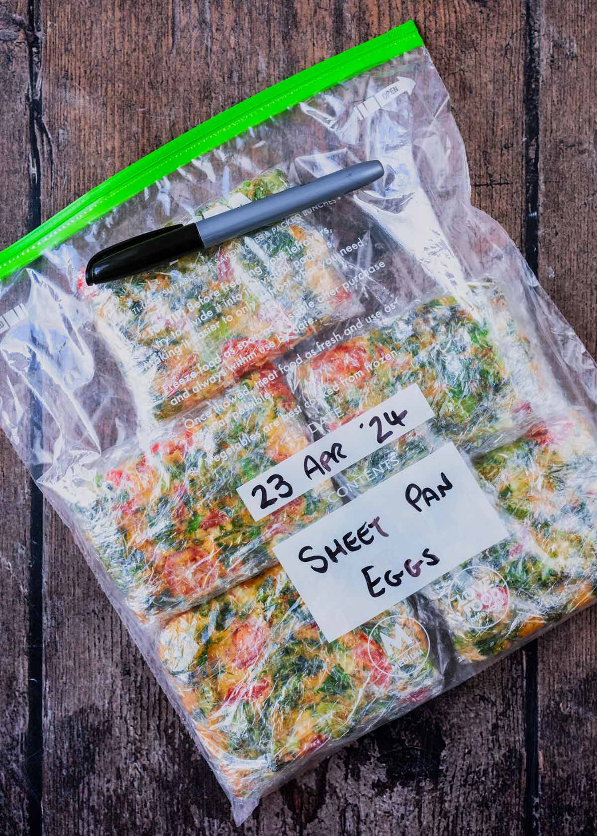 A ziplock bag of wrapped  egg bake with the date written on the bag.