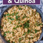 A bowl of brown rice and quinoa with a text title overlay.