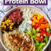 Chicken protein bowl with a text title overlay.