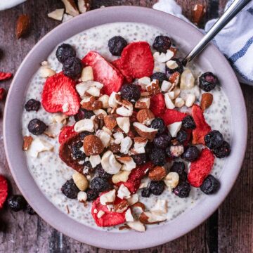 A bowl of Greek yogurt chia pudding topped with berries and crushed nuts.