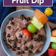 Healthy chocolate fruit dip with a text title overlay.