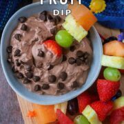 Healthy chocolate fruit dip with a text title overlay.