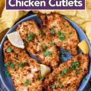 Air fryer chicken cutlets with a text title overlay.