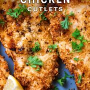 Air fryer chicken cutlets with a text title overlay.