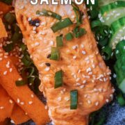 Bang bang salmon with a text title overlay.