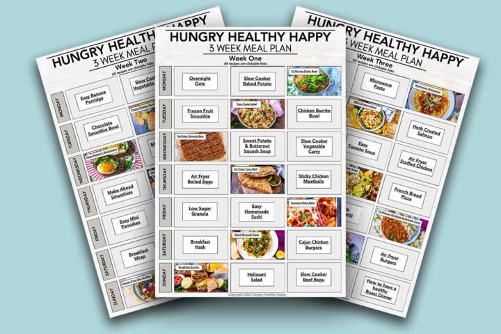 Three picture collage of pages from a meal plan.