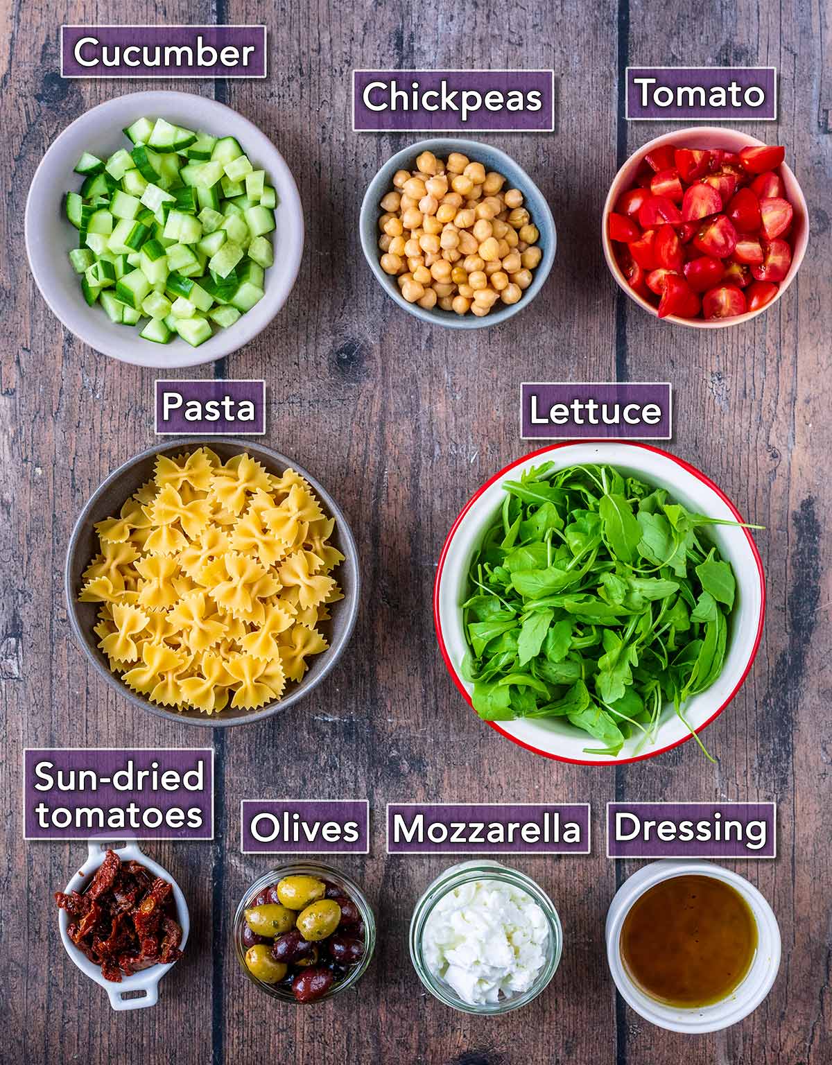 All the ingredients needed to make this recipe, each with a text overlay label.