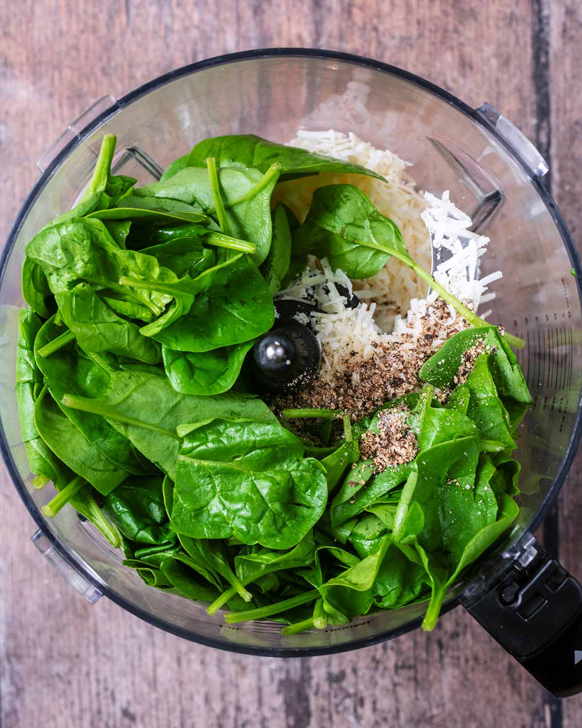 Spinach, pine nuts, garlic, parmesan and basil in a food processor.