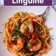 Chilli prawn linguine with a text title overlay.