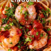 Chilli prawn linguine with a text title overlay.