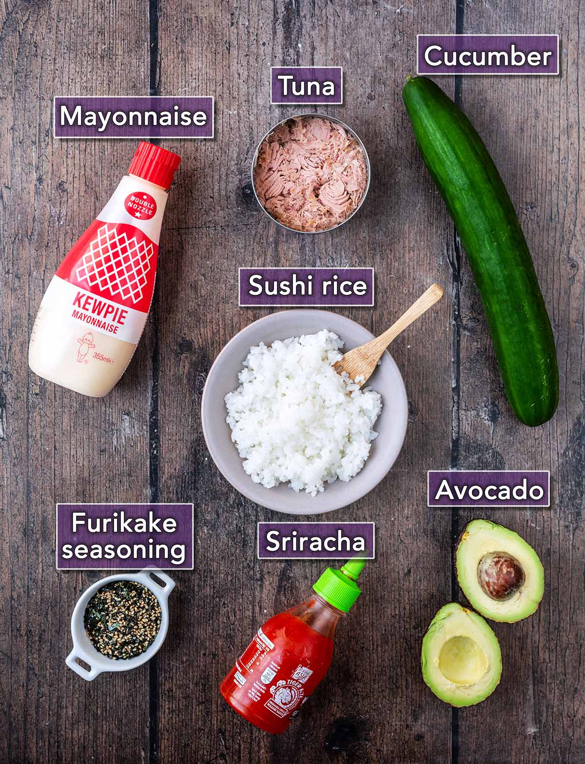 All of the ingredients needed to make this recipe, each with a text overlay label.