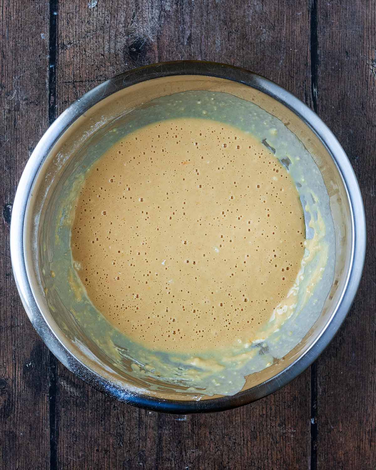 Pancake batter in a mixing bowl.