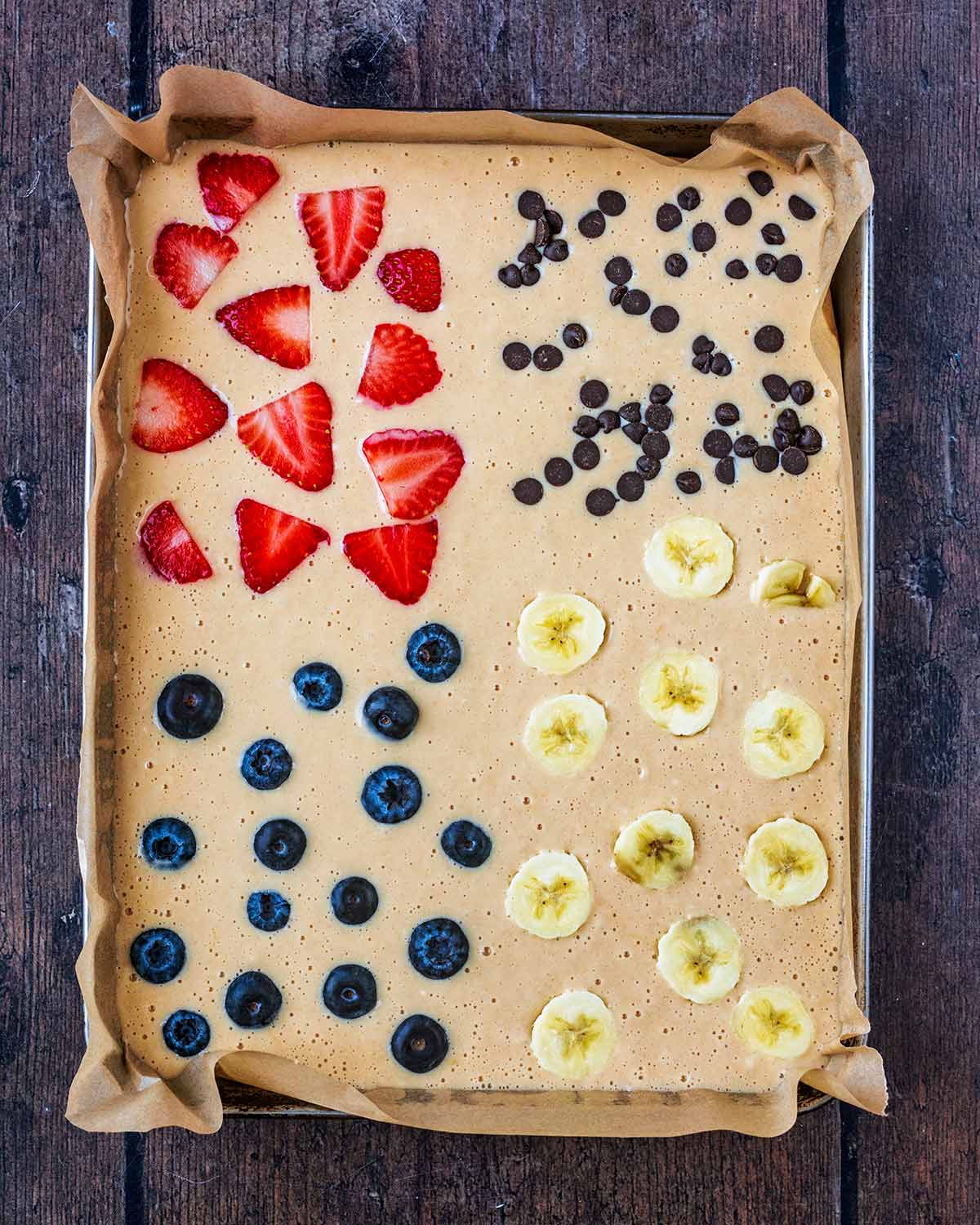 Strawberry slices, chocolate chips, blueberries and banana slices added on top of the batter.