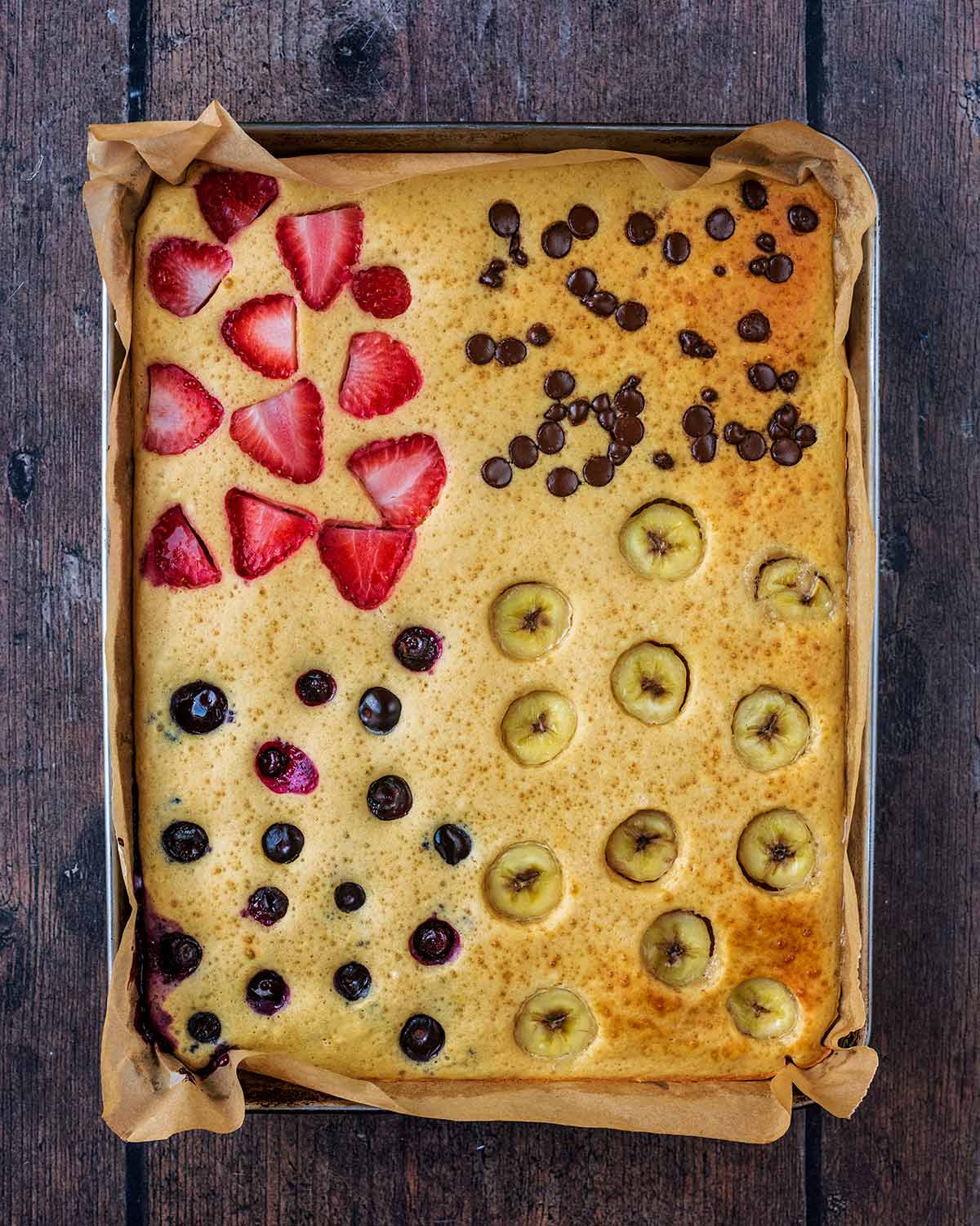 Cooked sheet pan pancakes in the baking tray.