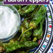 Air fryer padron peppers with a text overlay title.