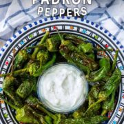 Air fryer padron peppers with a text overlay title.