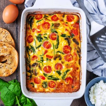 A baking dish with cottage cheese frittata in it.