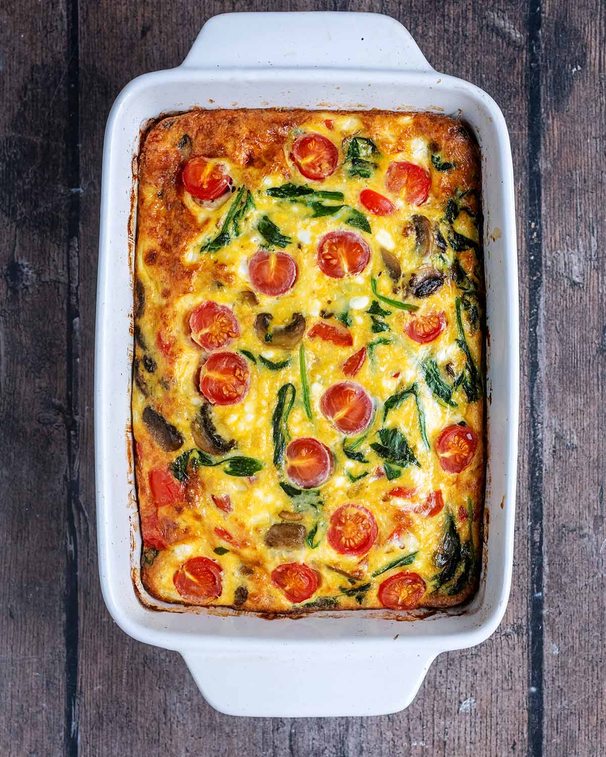 Cooked frittata in the baking dish.