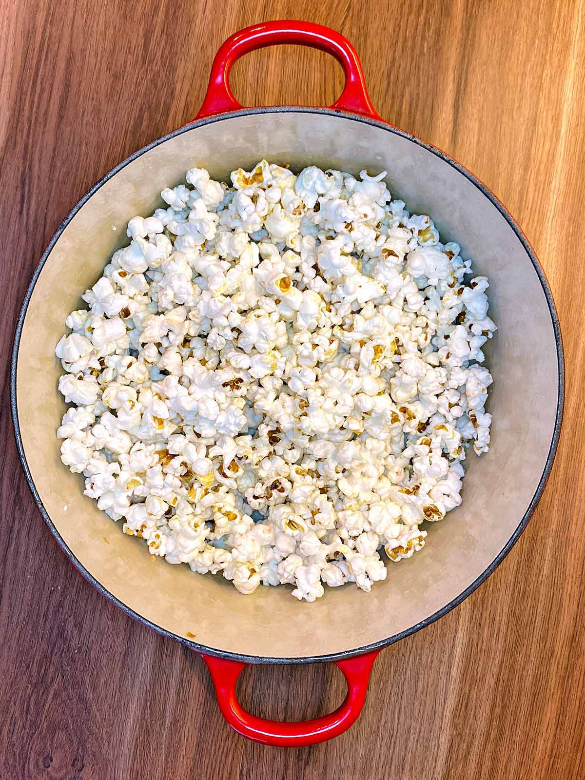 Popped corn in a large pan.