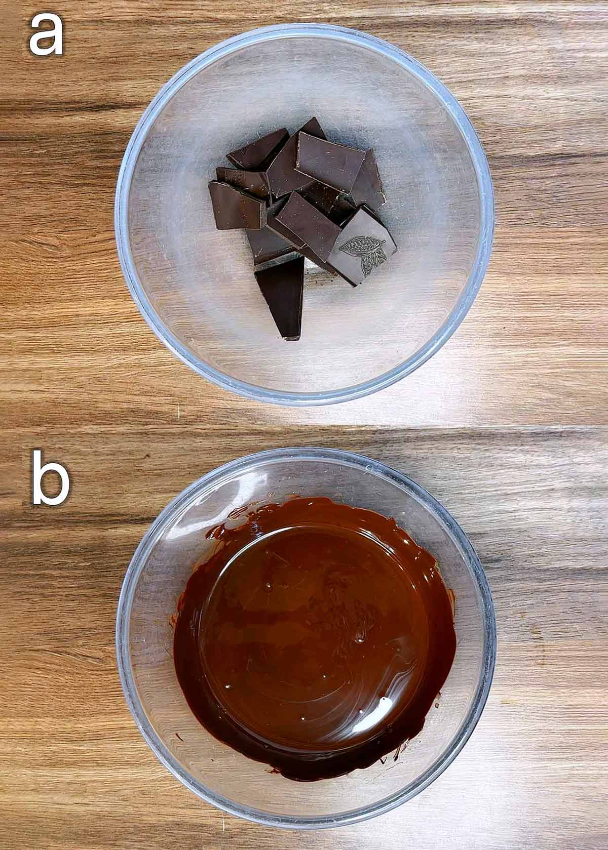 Two shot collage of chocolate in a bowl, before and after melting.