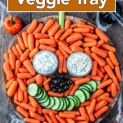 A Halloween veggie tray with a text overlay title.