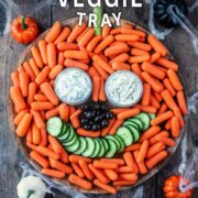 A Halloween veggie tray with a text overlay title.