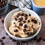 A bowl of Ninja Creami Coffee Ice Cream topped with coffee beans.