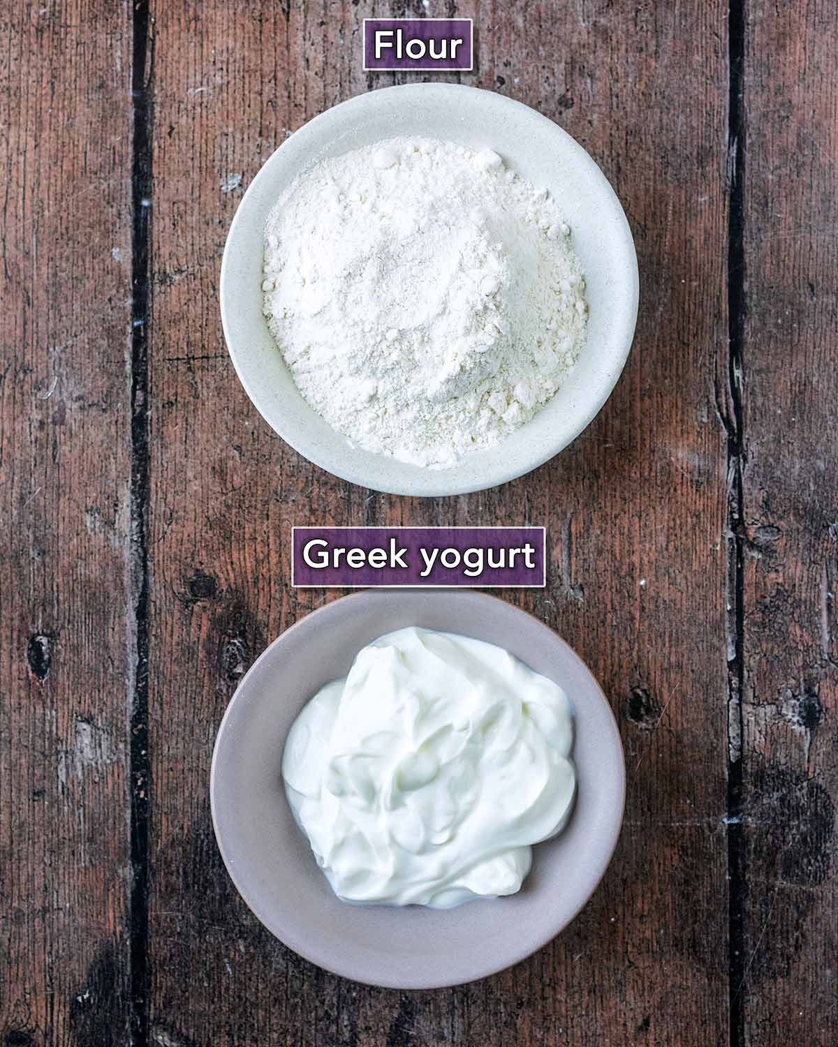 A bowl of flour and a bowl of Greek yogurt both with text overlay labels.