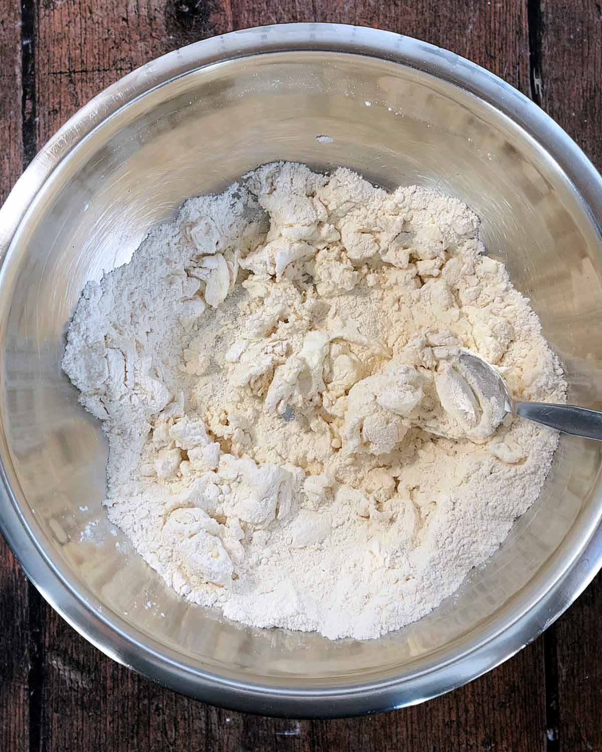 The flour and yogurt being mixed in the bowl with a spoon.