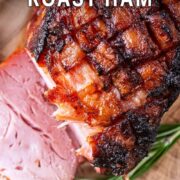 Honey roast ham with a text overlay title.