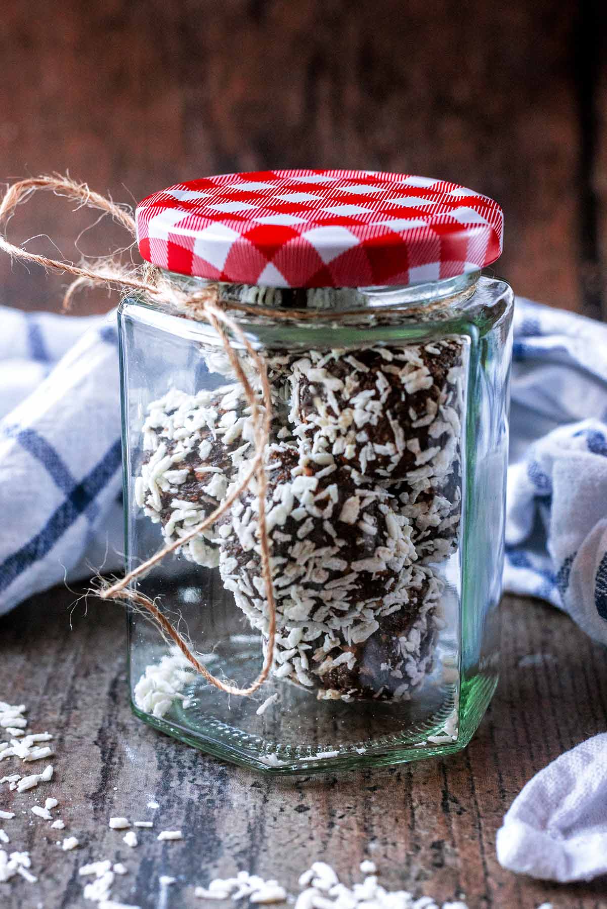 Protein balls in a glass jar.