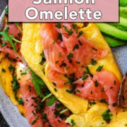 Smoked salmon omelette with a text overlay title.