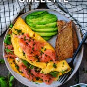 Smoked salmon omelette with a text overlay title.