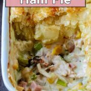 Chicken and ham pie with a text overlay title.