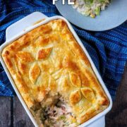 Chicken and ham pie with a text overlay title.