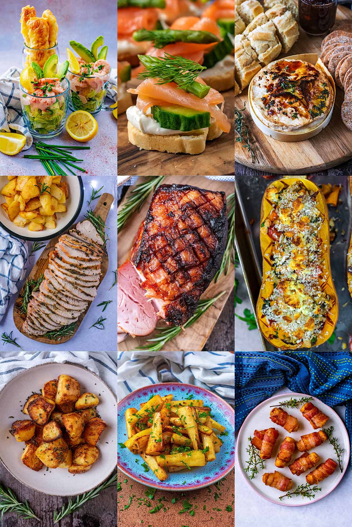 A collage of nine different Christmas meals.