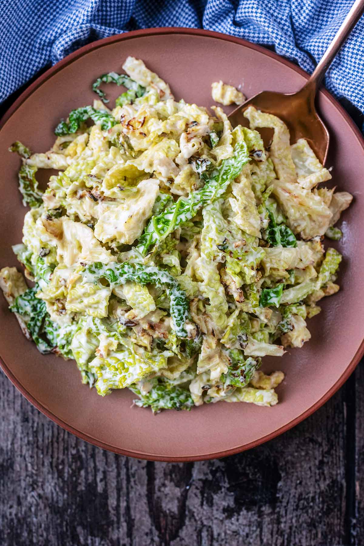 A plate of cooked creamy cabbage next to a blue towel.