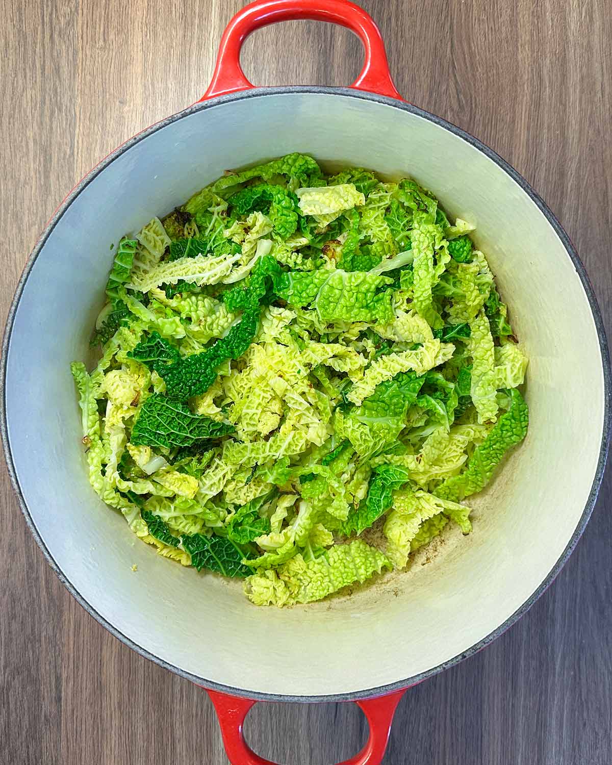 Cooked cabbage in  big red cooking pot.