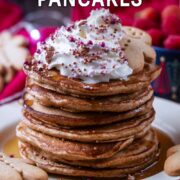 Gingerbread pancakes with a text overlay title.