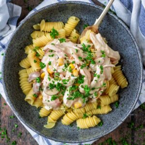 Leftover turkey fricassee and pasta in a round grey bowl.