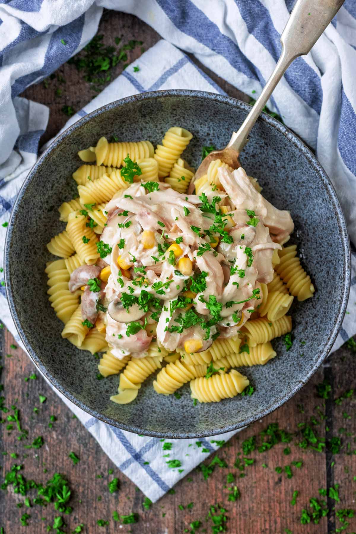 A bowl of turkey fricassee and pasta on a checked placemat.