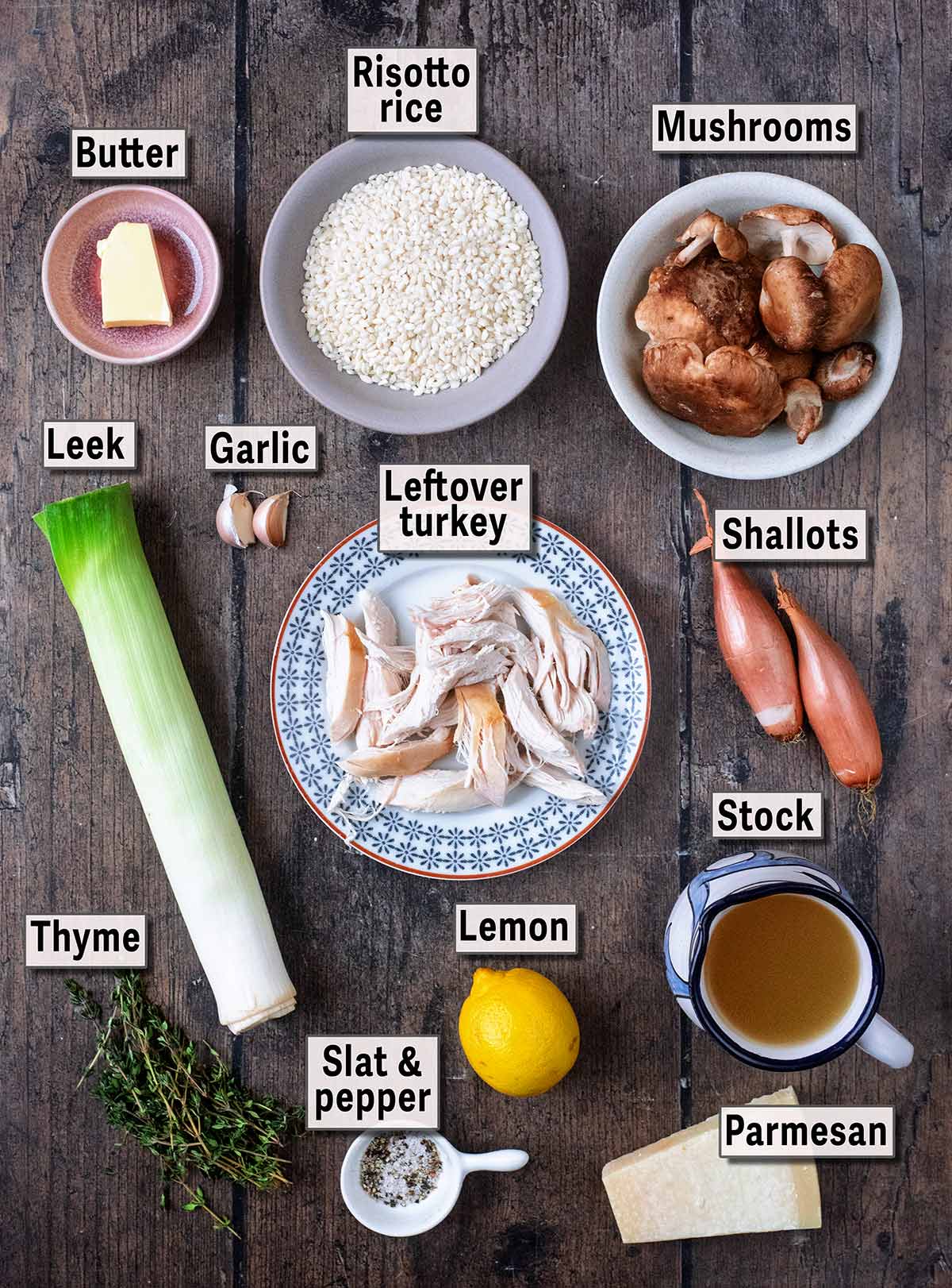 All the ingredients needed to make this recipe, each with a text overlay label.