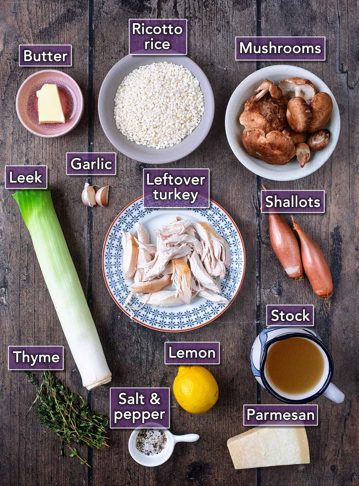 All the ingredients needed to make this recipe, each with a text overlay label.