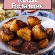 Slow cooker roast potatoes with a text overlay title.